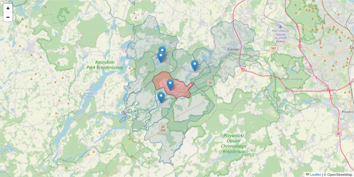 Szczegółowa mapa kodu pocztowego 83-307 z granicami, sąsiednimi kodami pocztowymi i urzędami pocztowymi