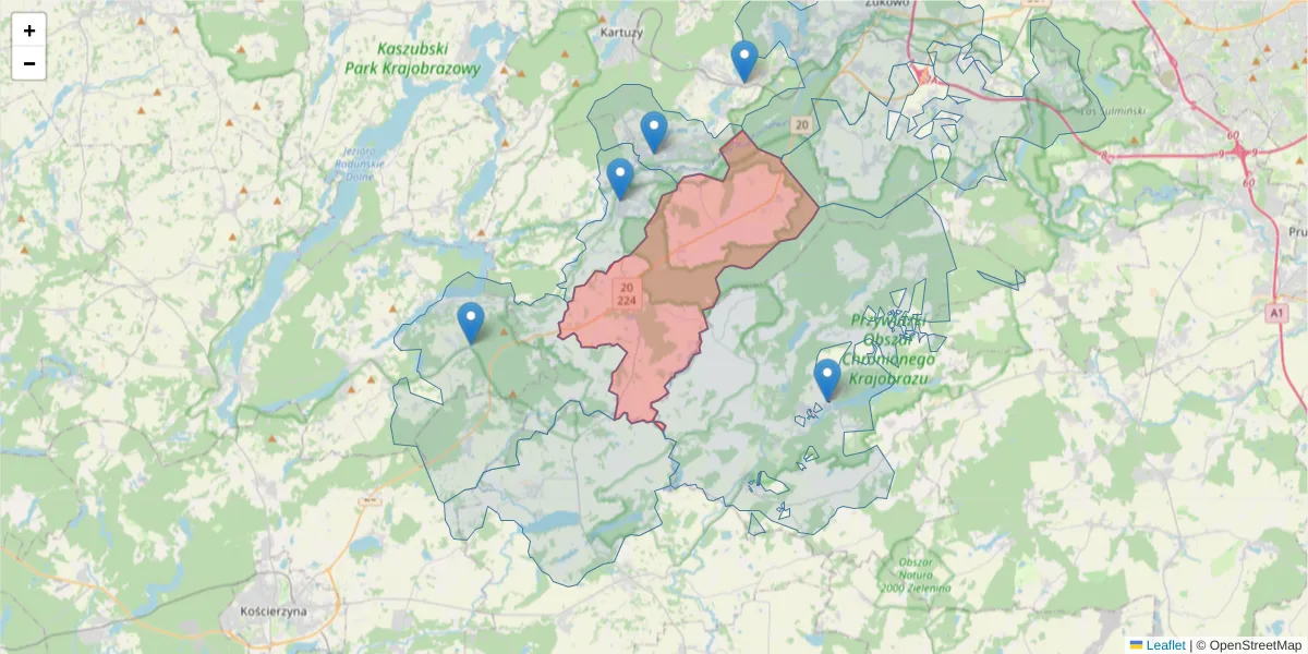 Szczegółowa mapa kodu pocztowego 83-312 z granicami, sąsiednimi kodami pocztowymi i urzędami pocztowymi