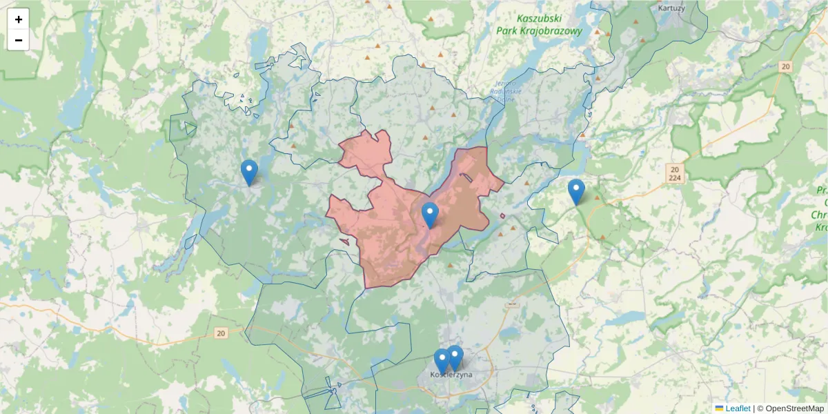 Szczegółowa mapa kodu pocztowego 83-322 z granicami, sąsiednimi kodami pocztowymi i urzędami pocztowymi