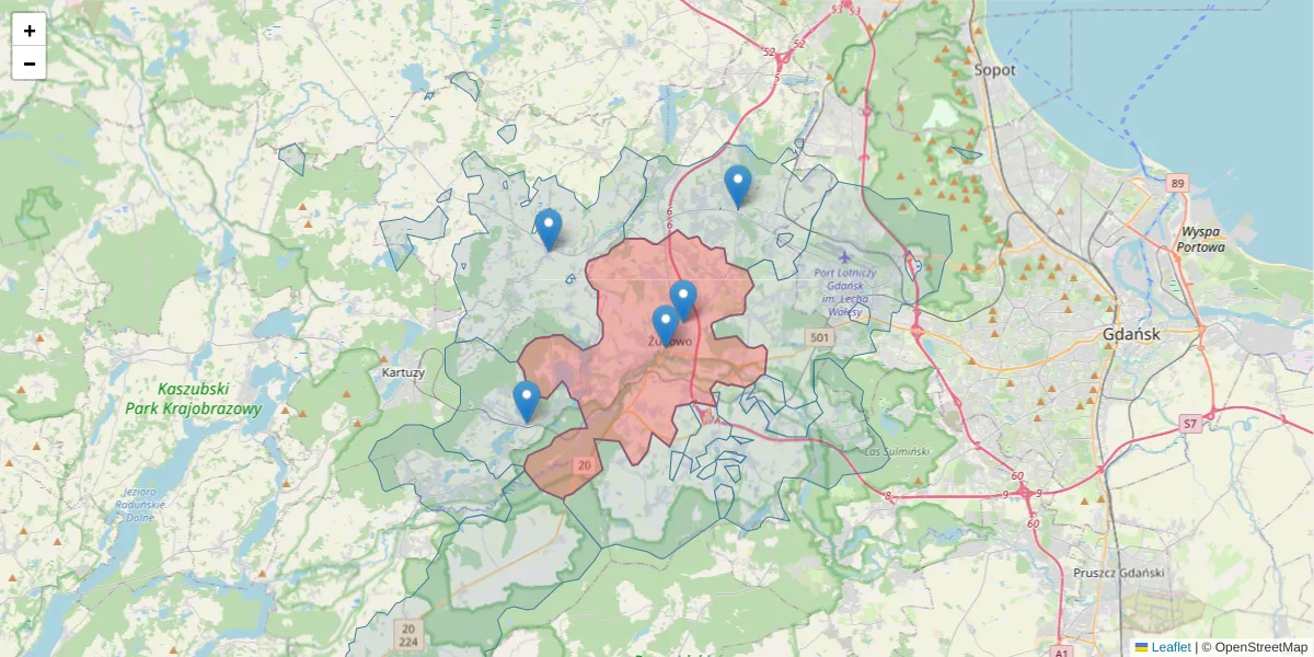 Szczegółowa mapa kodu pocztowego 83-330 z granicami, sąsiednimi kodami pocztowymi i urzędami pocztowymi