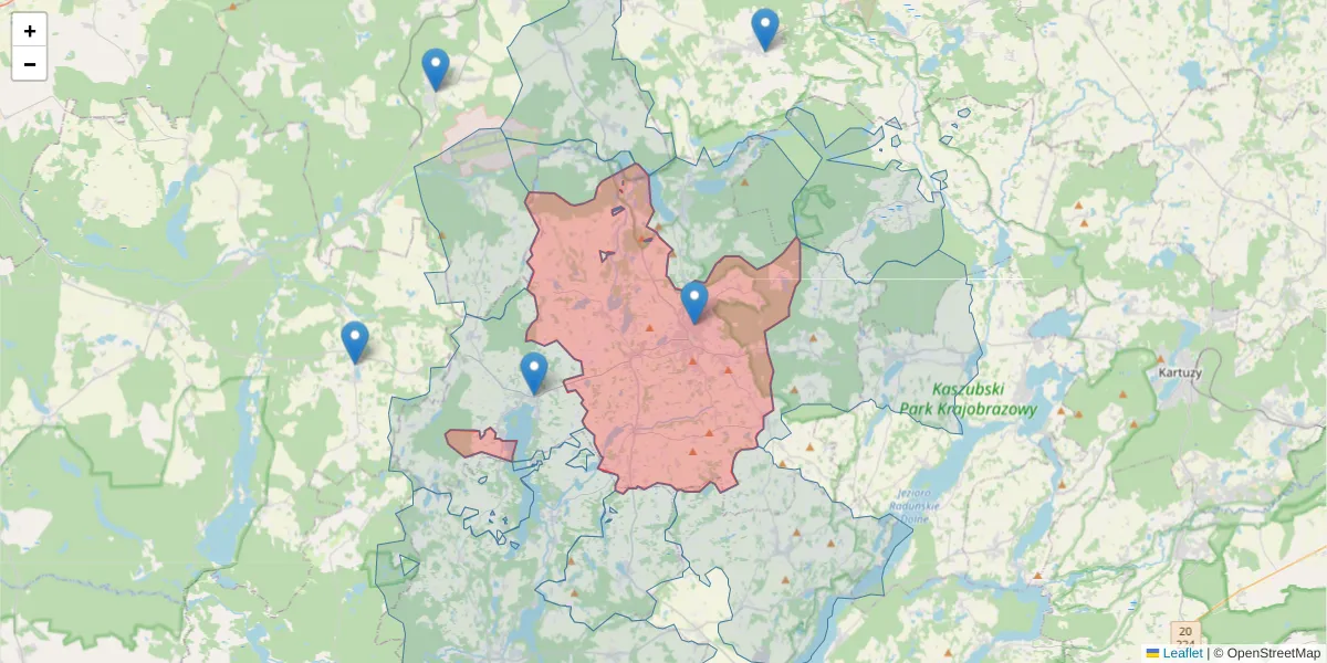 Szczegółowa mapa kodu pocztowego 83-340 z granicami, sąsiednimi kodami pocztowymi i urzędami pocztowymi