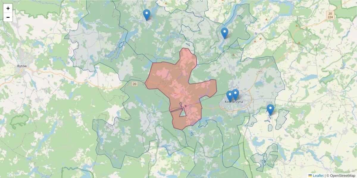 Szczegółowa mapa kodu pocztowego 83-407 z granicami, sąsiednimi kodami pocztowymi i urzędami pocztowymi