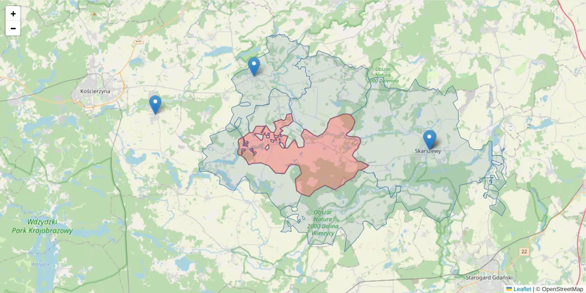 Szczegółowa mapa kodu pocztowego 83-412 z granicami, sąsiednimi kodami pocztowymi i urzędami pocztowymi