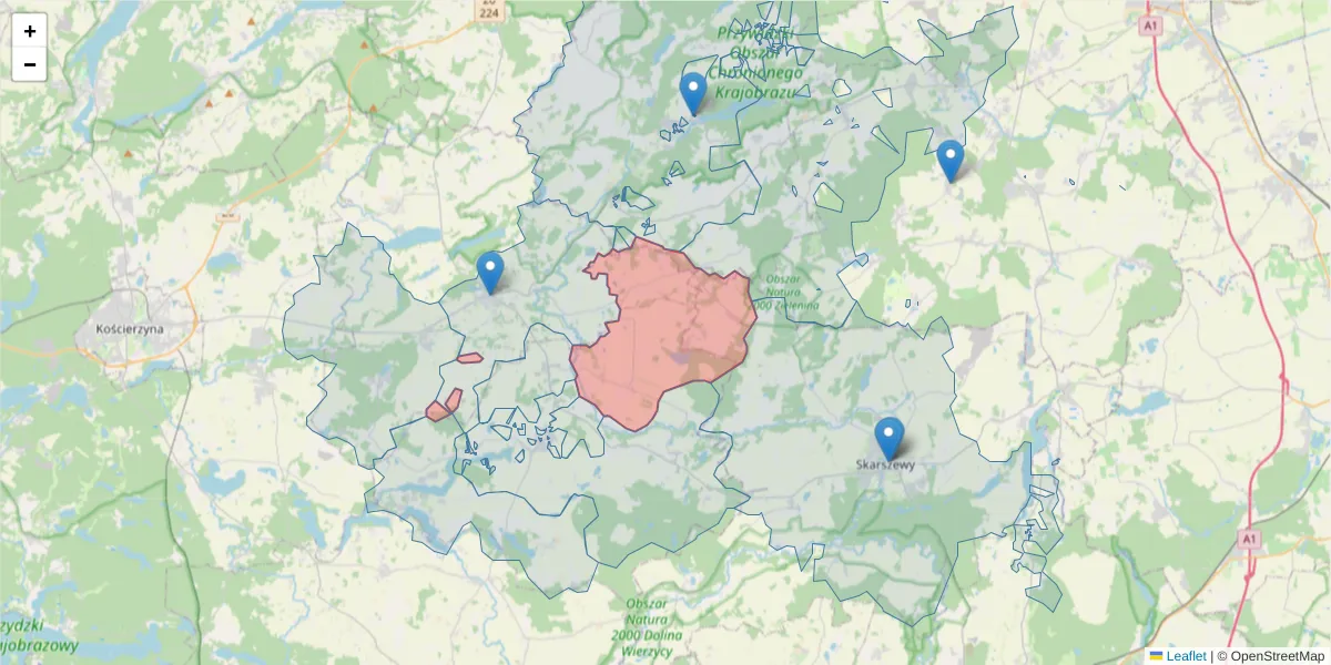 Szczegółowa mapa kodu pocztowego 83-421 z granicami, sąsiednimi kodami pocztowymi i urzędami pocztowymi