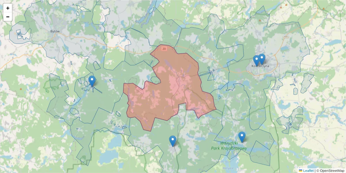 Szczegółowa mapa kodu pocztowego 83-424 z granicami, sąsiednimi kodami pocztowymi i urzędami pocztowymi