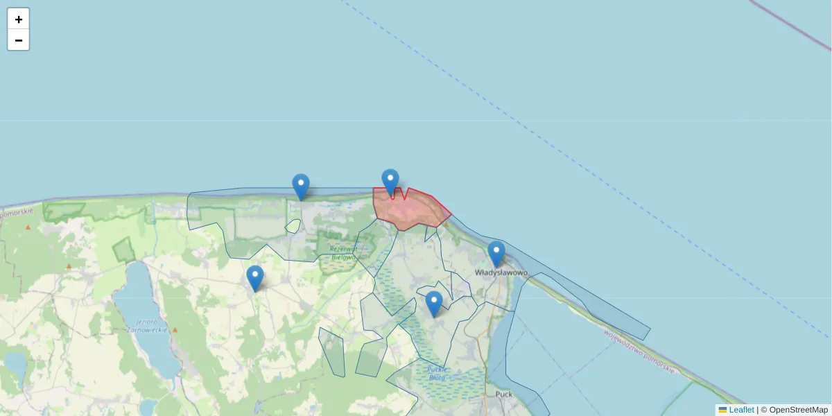 Szczegółowa mapa kodu pocztowego 84-104 z granicami, sąsiednimi kodami pocztowymi i urzędami pocztowymi