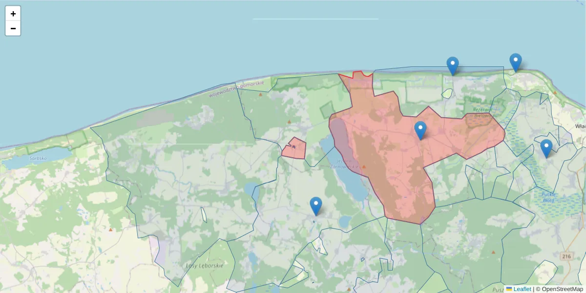 Szczegółowa mapa kodu pocztowego 84-110 z granicami, sąsiednimi kodami pocztowymi i urzędami pocztowymi