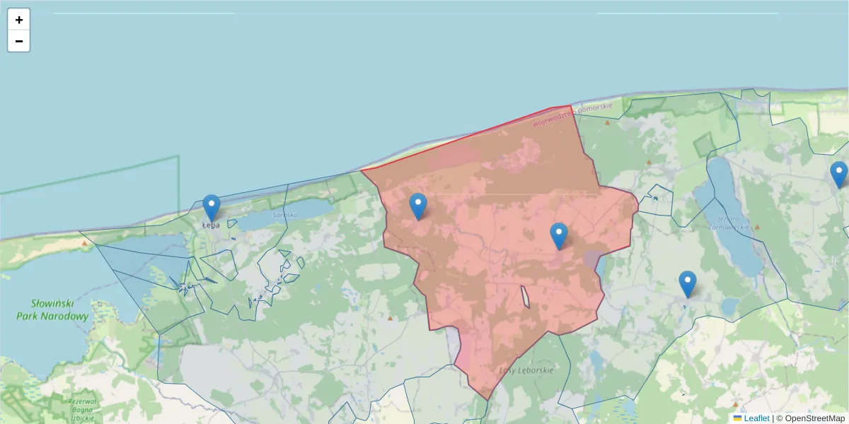 Szczegółowa mapa kodu pocztowego 84-210 z granicami, sąsiednimi kodami pocztowymi i urzędami pocztowymi
