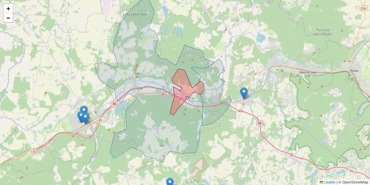 Szczegółowa mapa kodu pocztowego 84-214 z granicami, sąsiednimi kodami pocztowymi i urzędami pocztowymi