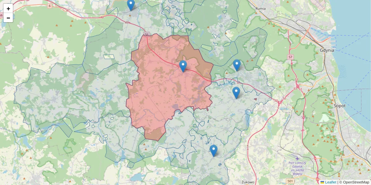 Szczegółowa mapa kodu pocztowego 84-217 z granicami, sąsiednimi kodami pocztowymi i urzędami pocztowymi