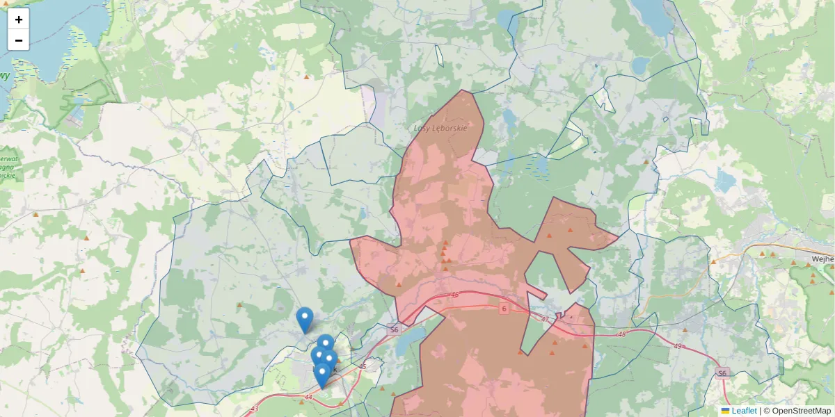 Szczegółowa mapa kodu pocztowego 84-218 z granicami, sąsiednimi kodami pocztowymi i urzędami pocztowymi