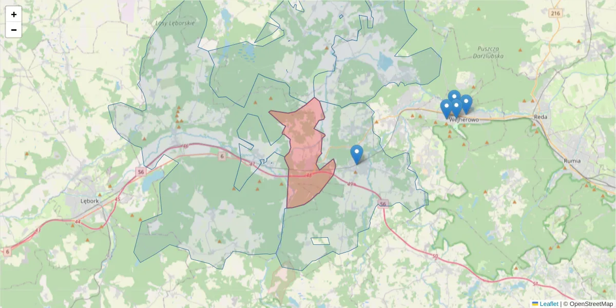 Szczegółowa mapa kodu pocztowego 84-220 z granicami, sąsiednimi kodami pocztowymi i urzędami pocztowymi