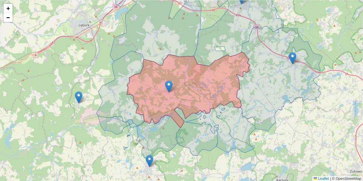 Szczegółowa mapa kodu pocztowego 84-223 z granicami, sąsiednimi kodami pocztowymi i urzędami pocztowymi