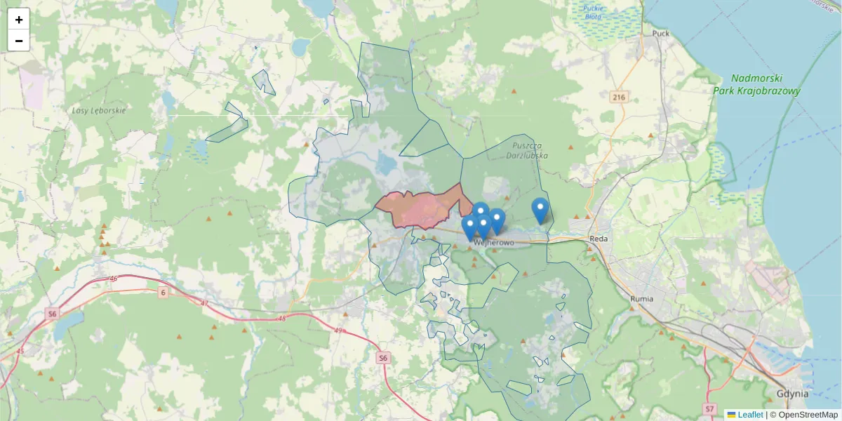 Szczegółowa mapa kodu pocztowego 84-239 z granicami, sąsiednimi kodami pocztowymi i urzędami pocztowymi