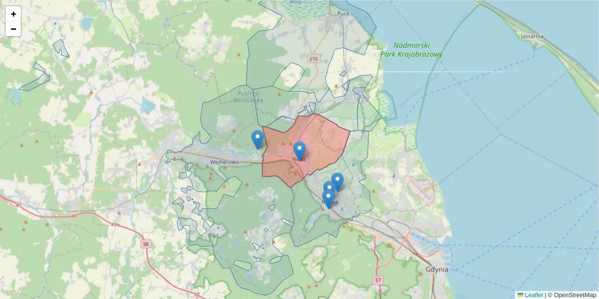 Szczegółowa mapa kodu pocztowego 84-240 z granicami, sąsiednimi kodami pocztowymi i urzędami pocztowymi