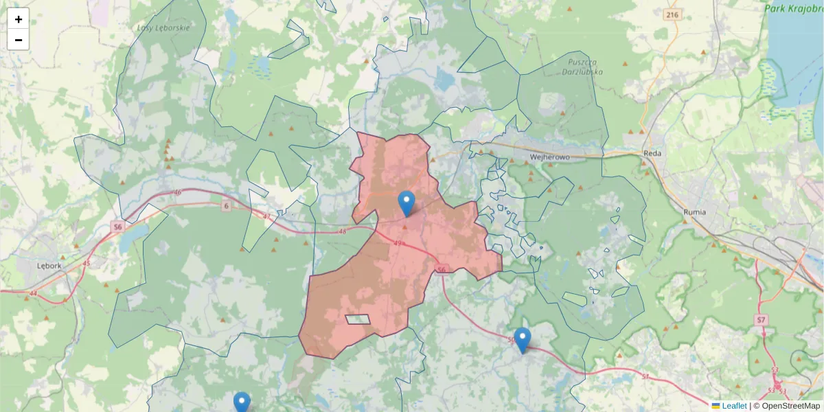 Szczegółowa mapa kodu pocztowego 84-242 z granicami, sąsiednimi kodami pocztowymi i urzędami pocztowymi