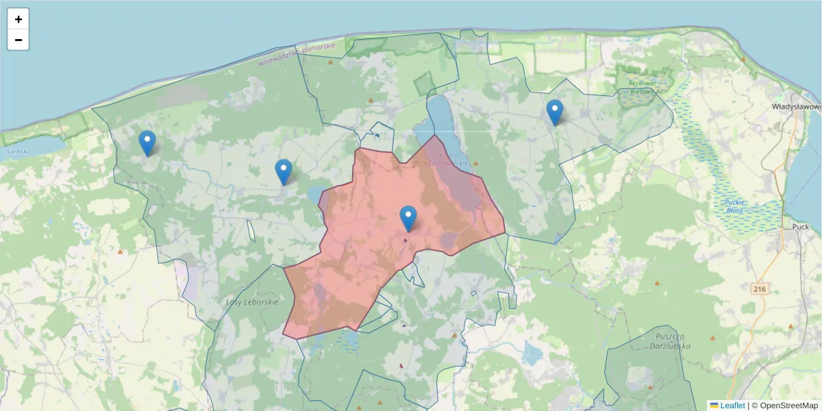 Szczegółowa mapa kodu pocztowego 84-250 z granicami, sąsiednimi kodami pocztowymi i urzędami pocztowymi