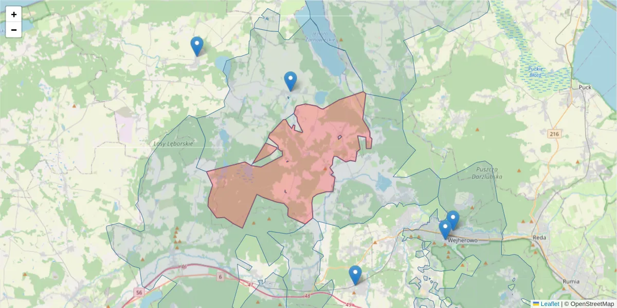 Szczegółowa mapa kodu pocztowego 84-251 z granicami, sąsiednimi kodami pocztowymi i urzędami pocztowymi