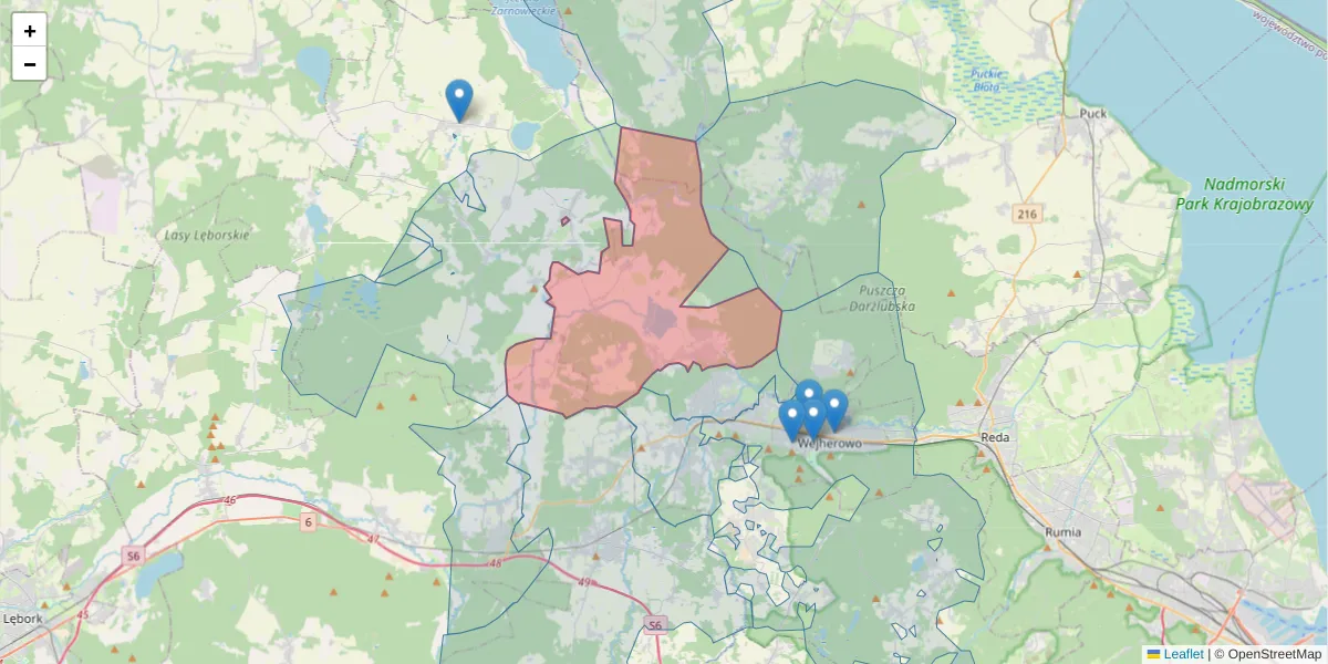 Szczegółowa mapa kodu pocztowego 84-252 z granicami, sąsiednimi kodami pocztowymi i urzędami pocztowymi