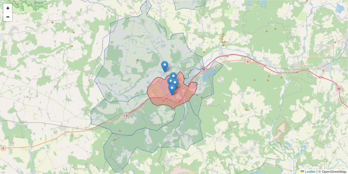 Szczegółowa mapa kodu pocztowego 84-300 z granicami, sąsiednimi kodami pocztowymi i urzędami pocztowymi