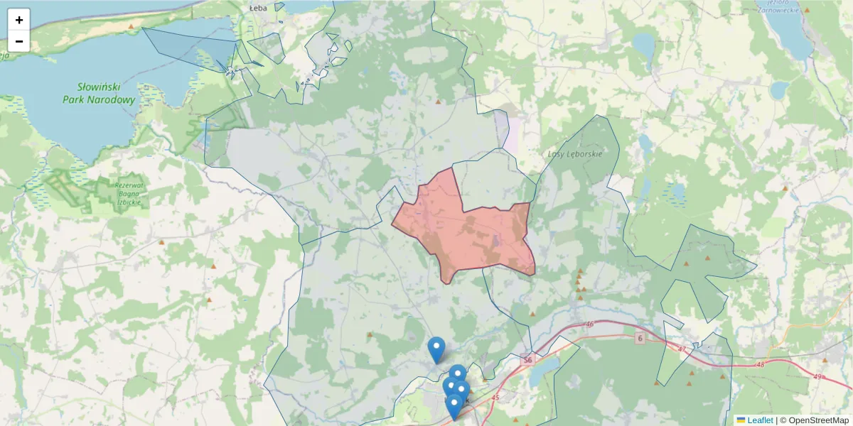 Szczegółowa mapa kodu pocztowego 84-350 z granicami, sąsiednimi kodami pocztowymi i urzędami pocztowymi