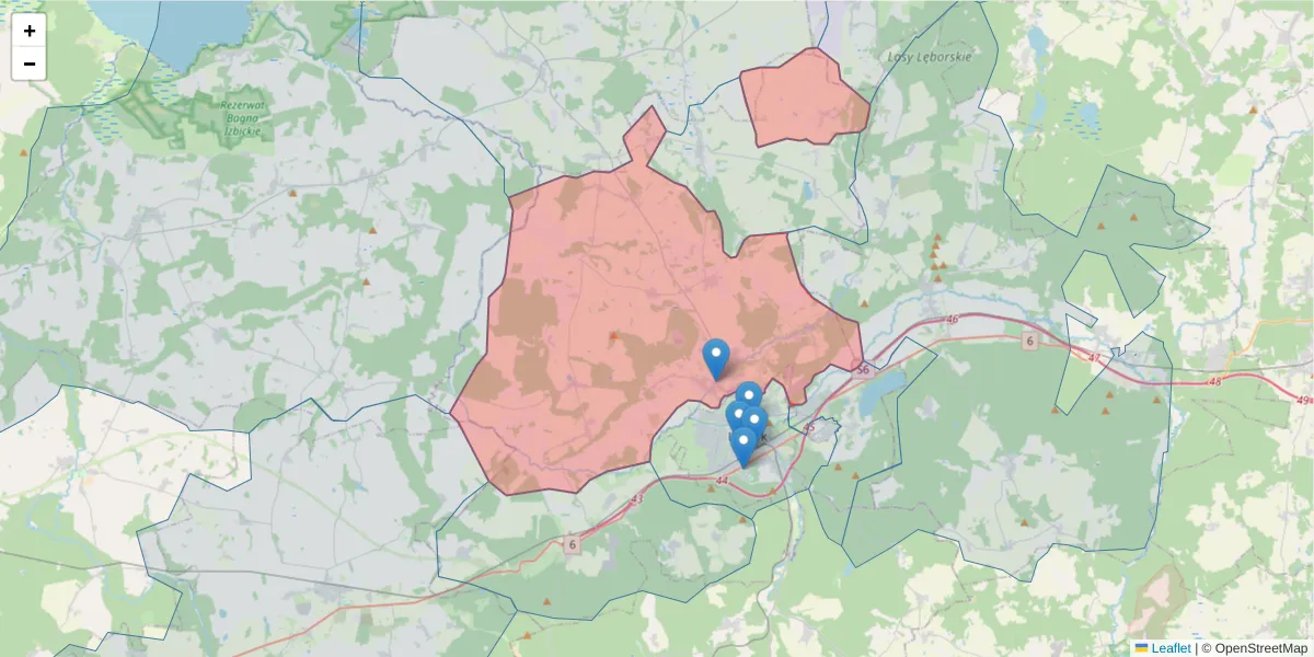 Szczegółowa mapa kodu pocztowego 84-351 z granicami, sąsiednimi kodami pocztowymi i urzędami pocztowymi