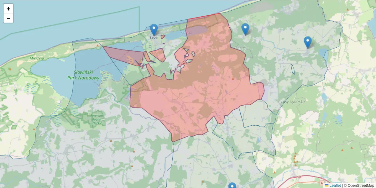 Szczegółowa mapa kodu pocztowego 84-352 z granicami, sąsiednimi kodami pocztowymi i urzędami pocztowymi