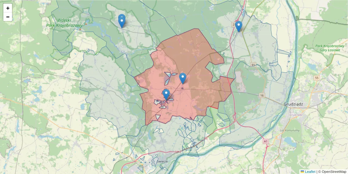 Szczegółowa mapa kodu pocztowego 86-131 z granicami, sąsiednimi kodami pocztowymi i urzędami pocztowymi