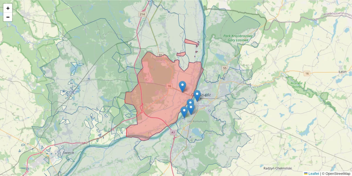Szczegółowa mapa kodu pocztowego 86-134 z granicami, sąsiednimi kodami pocztowymi i urzędami pocztowymi