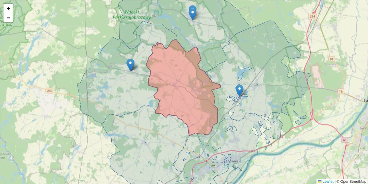 Szczegółowa mapa kodu pocztowego 86-140 z granicami, sąsiednimi kodami pocztowymi i urzędami pocztowymi