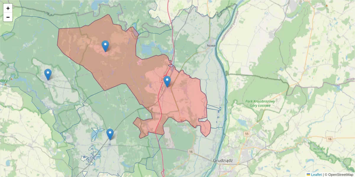 Szczegółowa mapa kodu pocztowego 86-160 z granicami, sąsiednimi kodami pocztowymi i urzędami pocztowymi