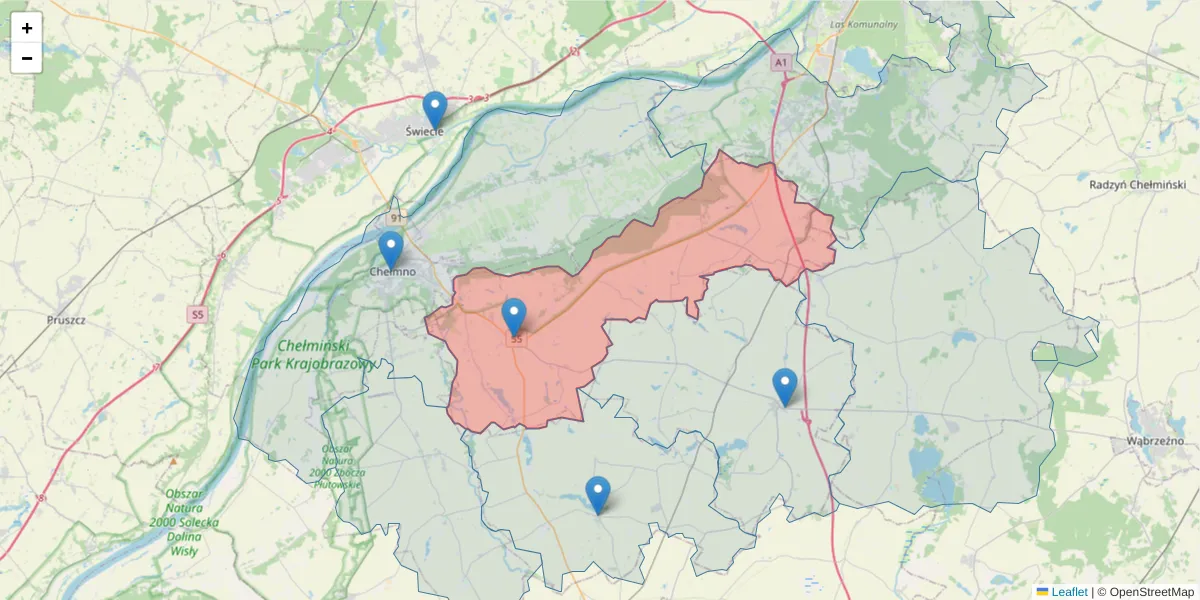 Szczegółowa mapa kodu pocztowego 86-212 z granicami, sąsiednimi kodami pocztowymi i urzędami pocztowymi