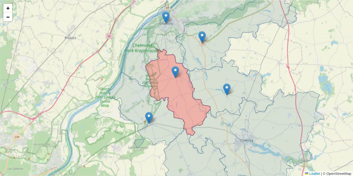 Szczegółowa mapa kodu pocztowego 86-253 z granicami, sąsiednimi kodami pocztowymi i urzędami pocztowymi