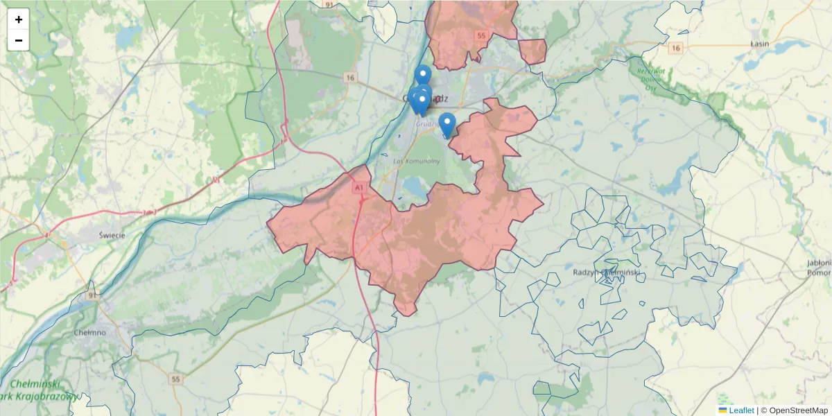 Szczegółowa mapa kodu pocztowego 86-302 z granicami, sąsiednimi kodami pocztowymi i urzędami pocztowymi