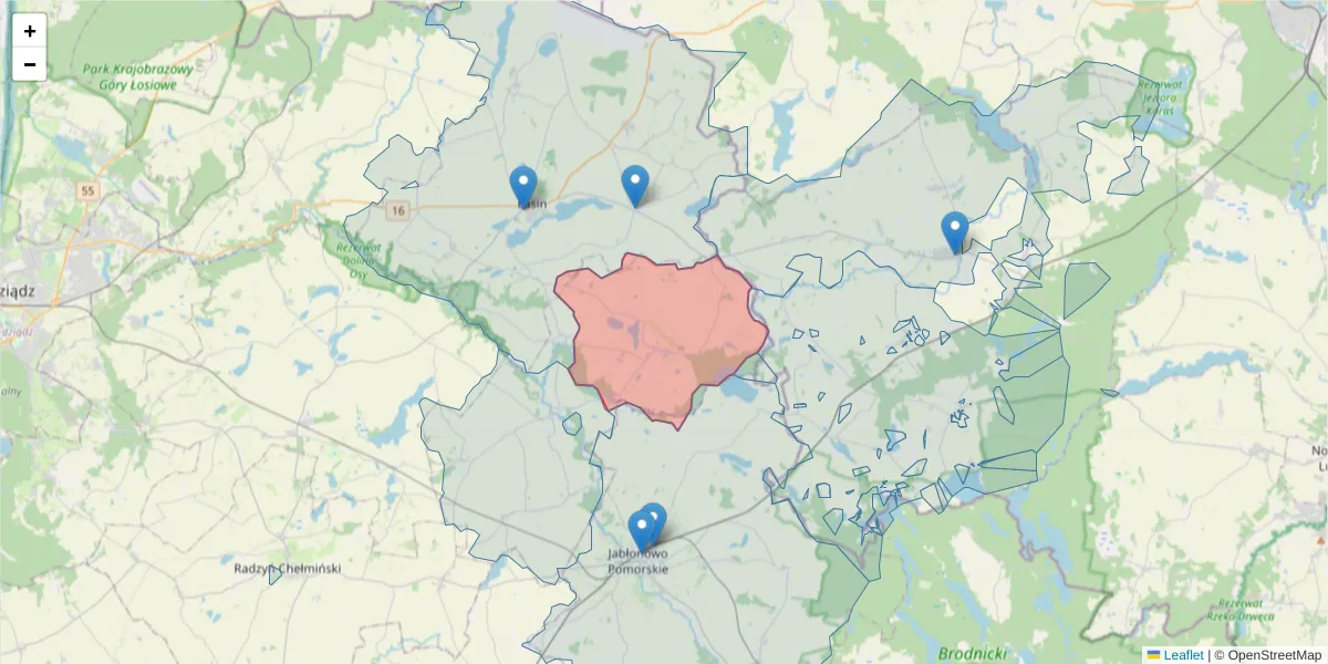 Szczegółowa mapa kodu pocztowego 86-342 z granicami, sąsiednimi kodami pocztowymi i urzędami pocztowymi