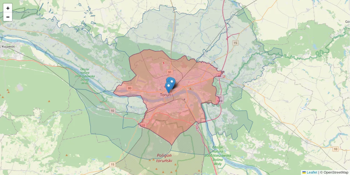 Szczegółowa mapa kodu pocztowego 87-100 z granicami, sąsiednimi kodami pocztowymi i urzędami pocztowymi