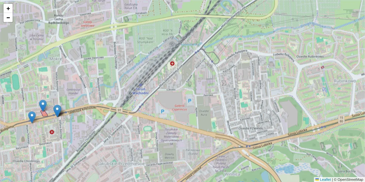 Szczegółowa mapa kodu pocztowego 87-101 z granicami, sąsiednimi kodami pocztowymi i urzędami pocztowymi