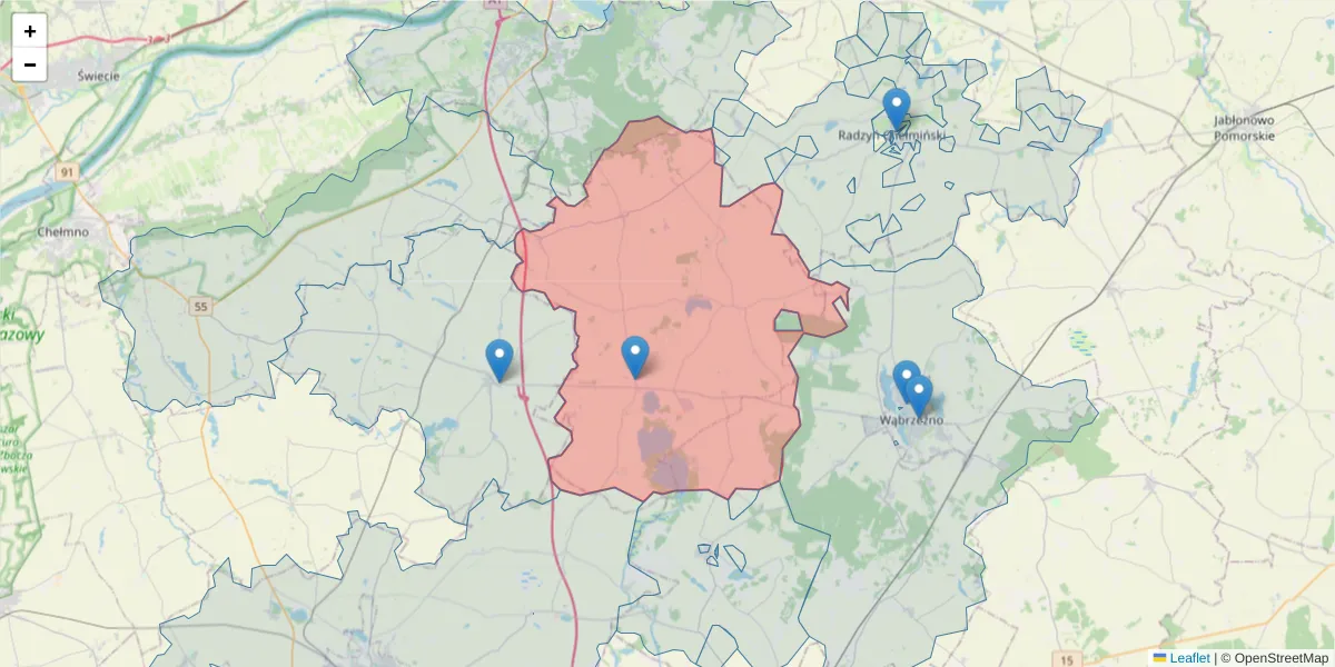 Szczegółowa mapa kodu pocztowego 87-214 z granicami, sąsiednimi kodami pocztowymi i urzędami pocztowymi