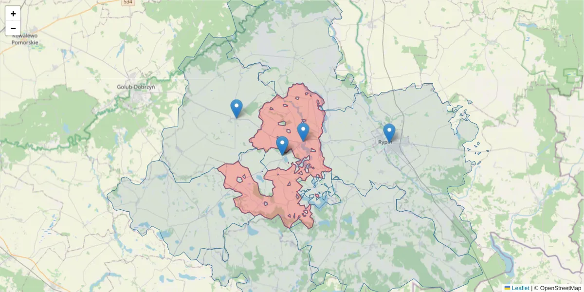 Szczegółowa mapa kodu pocztowego 87-522 z granicami, sąsiednimi kodami pocztowymi i urzędami pocztowymi