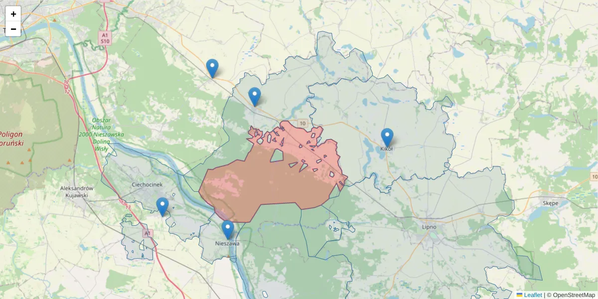 Szczegółowa mapa kodu pocztowego 87-632 z granicami, sąsiednimi kodami pocztowymi i urzędami pocztowymi