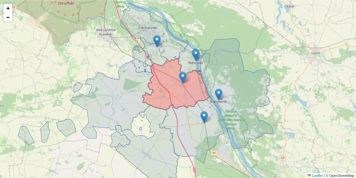 Szczegółowa mapa kodu pocztowego 87-731 z granicami, sąsiednimi kodami pocztowymi i urzędami pocztowymi