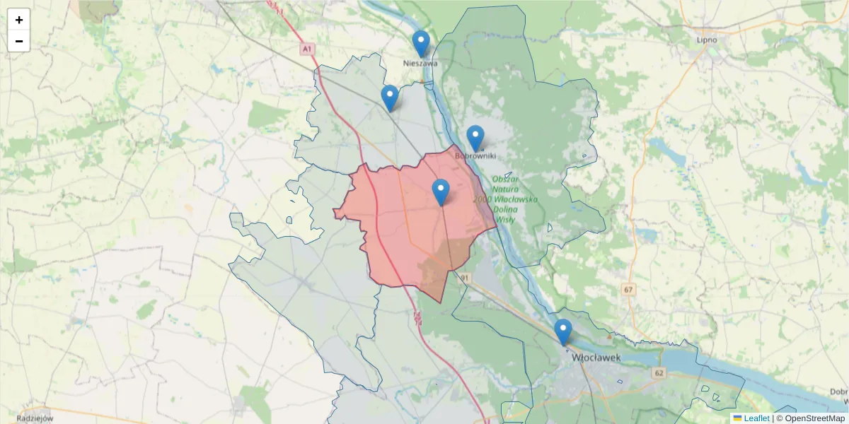 Szczegółowa mapa kodu pocztowego 87-732 z granicami, sąsiednimi kodami pocztowymi i urzędami pocztowymi