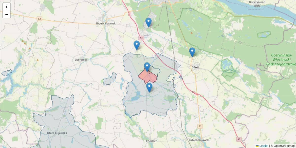 Szczegółowa mapa kodu pocztowego 87-852 z granicami, sąsiednimi kodami pocztowymi i urzędami pocztowymi