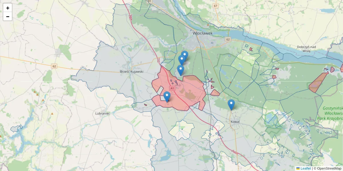 Szczegółowa mapa kodu pocztowego 87-853 z granicami, sąsiednimi kodami pocztowymi i urzędami pocztowymi