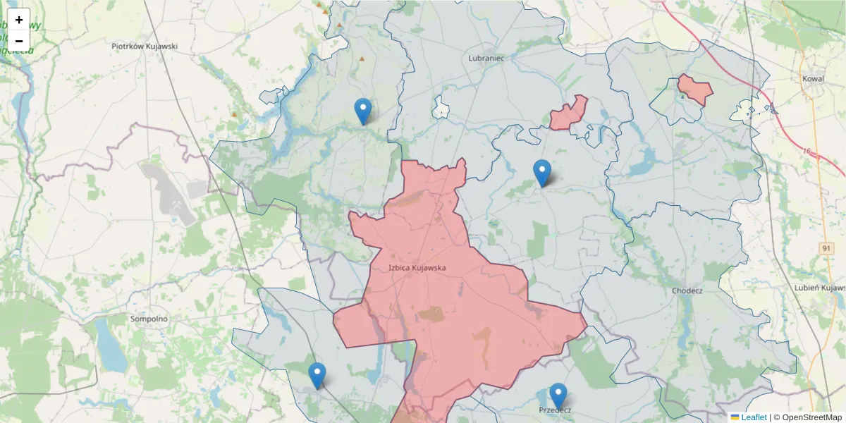 Szczegółowa mapa kodu pocztowego 87-865 z granicami, sąsiednimi kodami pocztowymi i urzędami pocztowymi