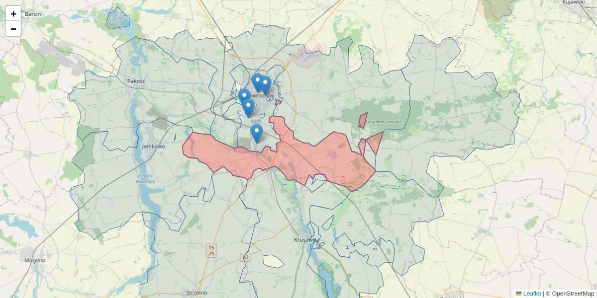 Szczegółowa mapa kodu pocztowego 88-101 z granicami, sąsiednimi kodami pocztowymi i urzędami pocztowymi