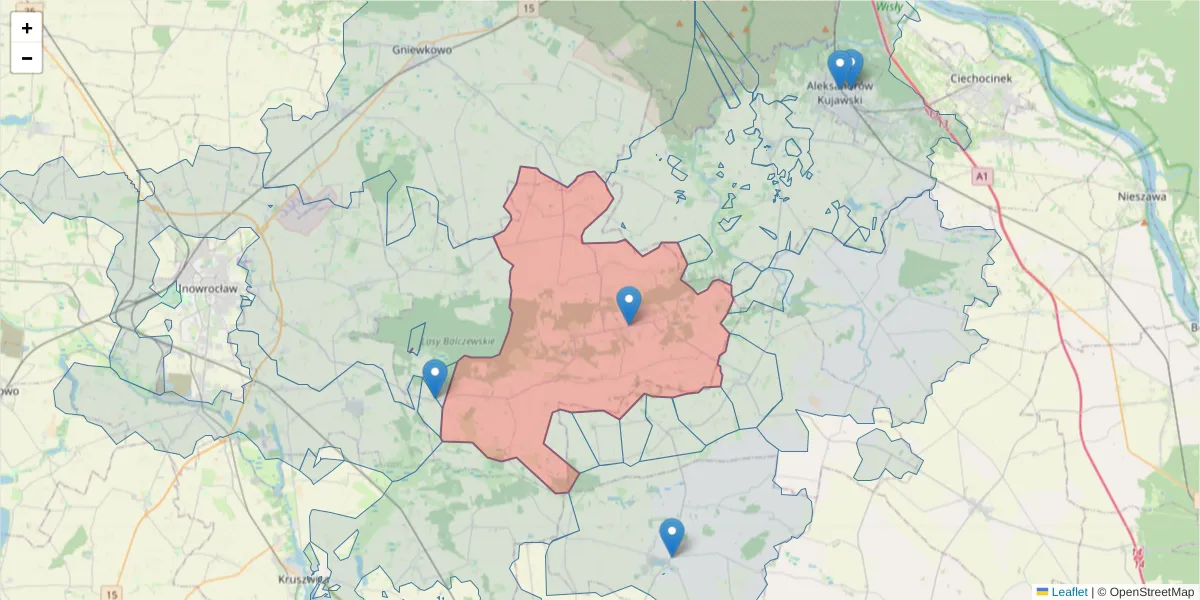 Szczegółowa mapa kodu pocztowego 88-133 z granicami, sąsiednimi kodami pocztowymi i urzędami pocztowymi