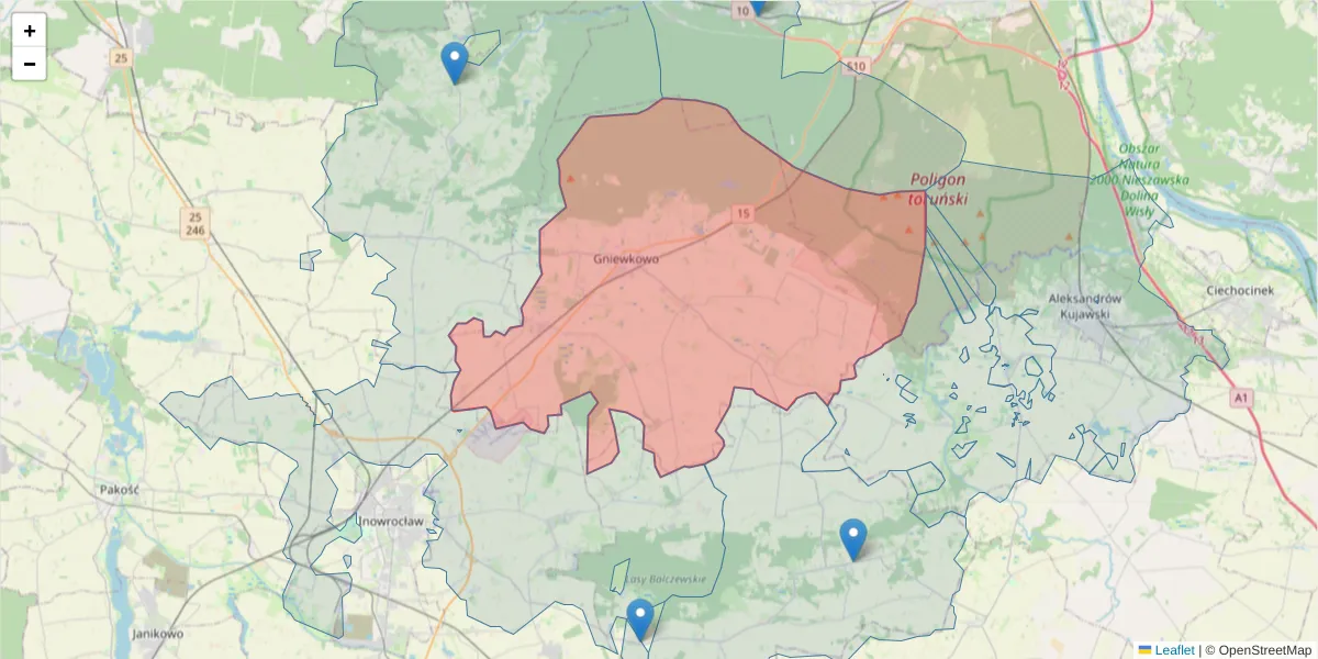 Szczegółowa mapa kodu pocztowego 88-140 z granicami, sąsiednimi kodami pocztowymi i urzędami pocztowymi