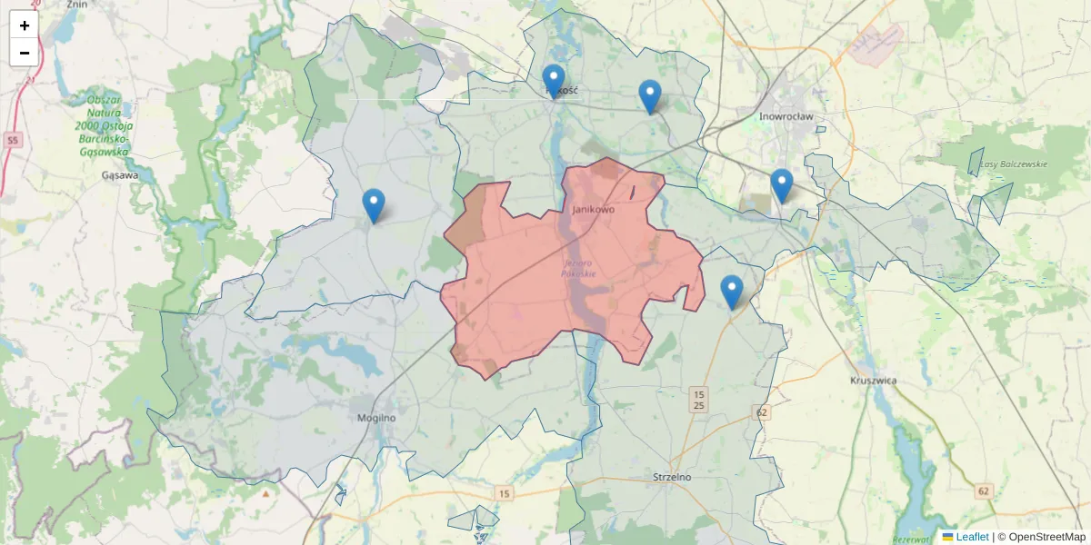 Szczegółowa mapa kodu pocztowego 88-160 z granicami, sąsiednimi kodami pocztowymi i urzędami pocztowymi