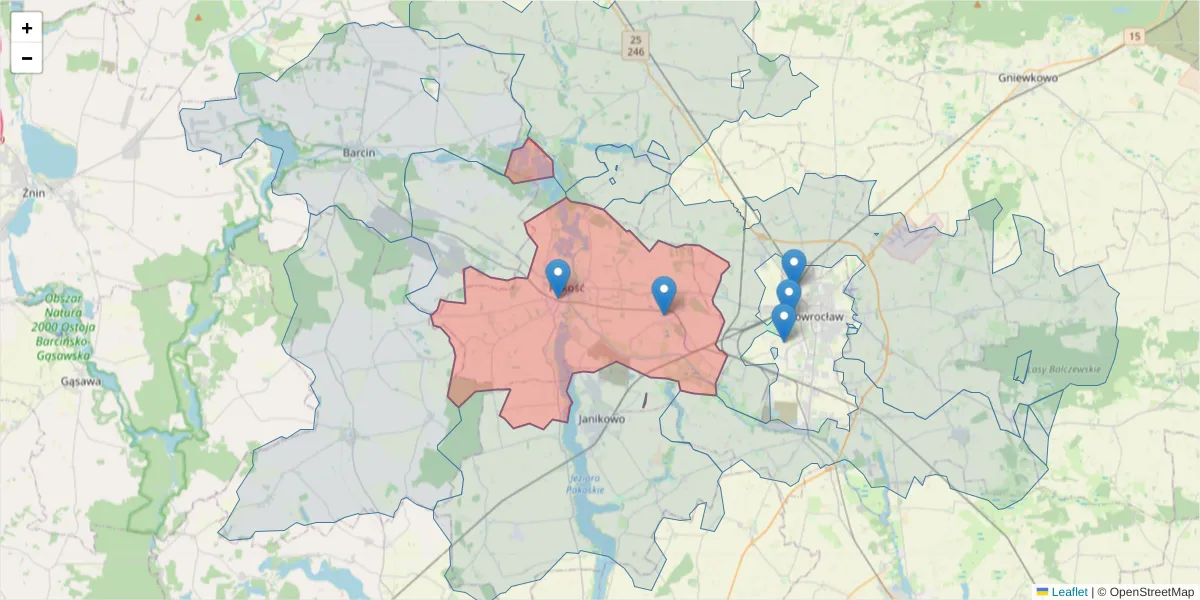 Szczegółowa mapa kodu pocztowego 88-170 z granicami, sąsiednimi kodami pocztowymi i urzędami pocztowymi